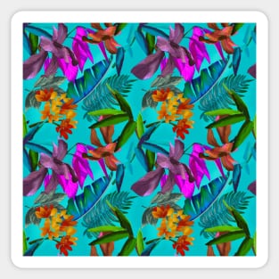 tropical floral leaves botanical garden, tropical plants,leaves and flowers, aqua blue leaves pattern Sticker